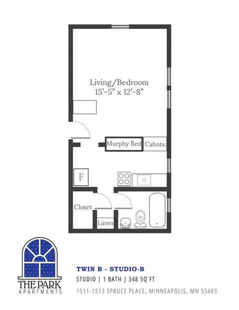 A floor plan for a studio apartment with a living/bedroom area, bathroom, and closet.